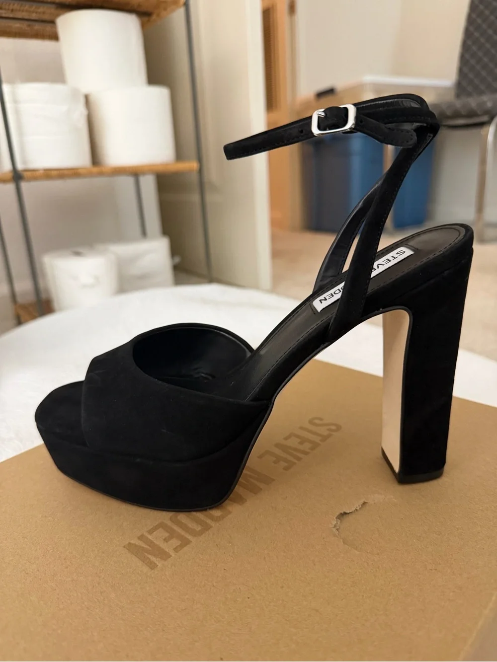 Steve Madden Black Suede Platform Ankle-Strap Heels